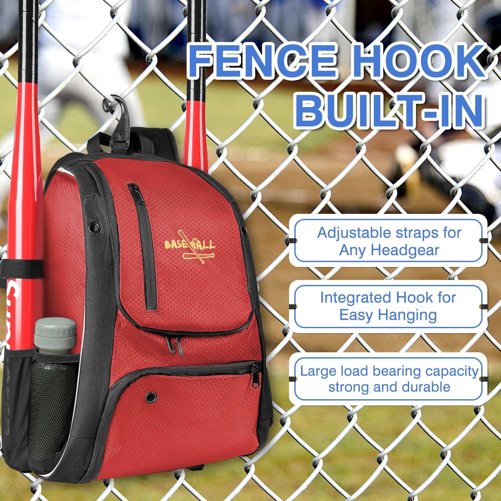 Baseball Bag Softball Bag Waterproof Backpack Bag Shoulder Sport Bag Youth Boy Girl Adult Fence Hook Ball Bat Batting Glove Gear