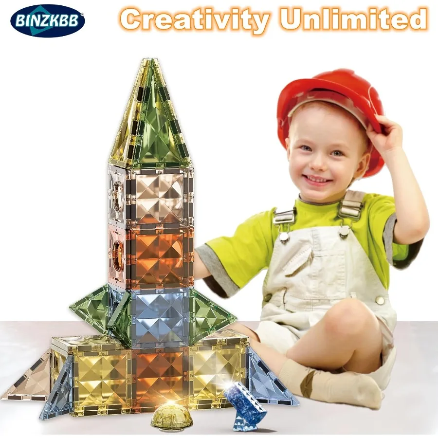 BINZKBB البلاط المغناطيسي 110 قطعة - مكعبات بناء مغناطيسية مضاءة ثلاثية الأبعاد لألعاب الديناصورات الإبداعية المكدس الحسي التعليمي STEM Con