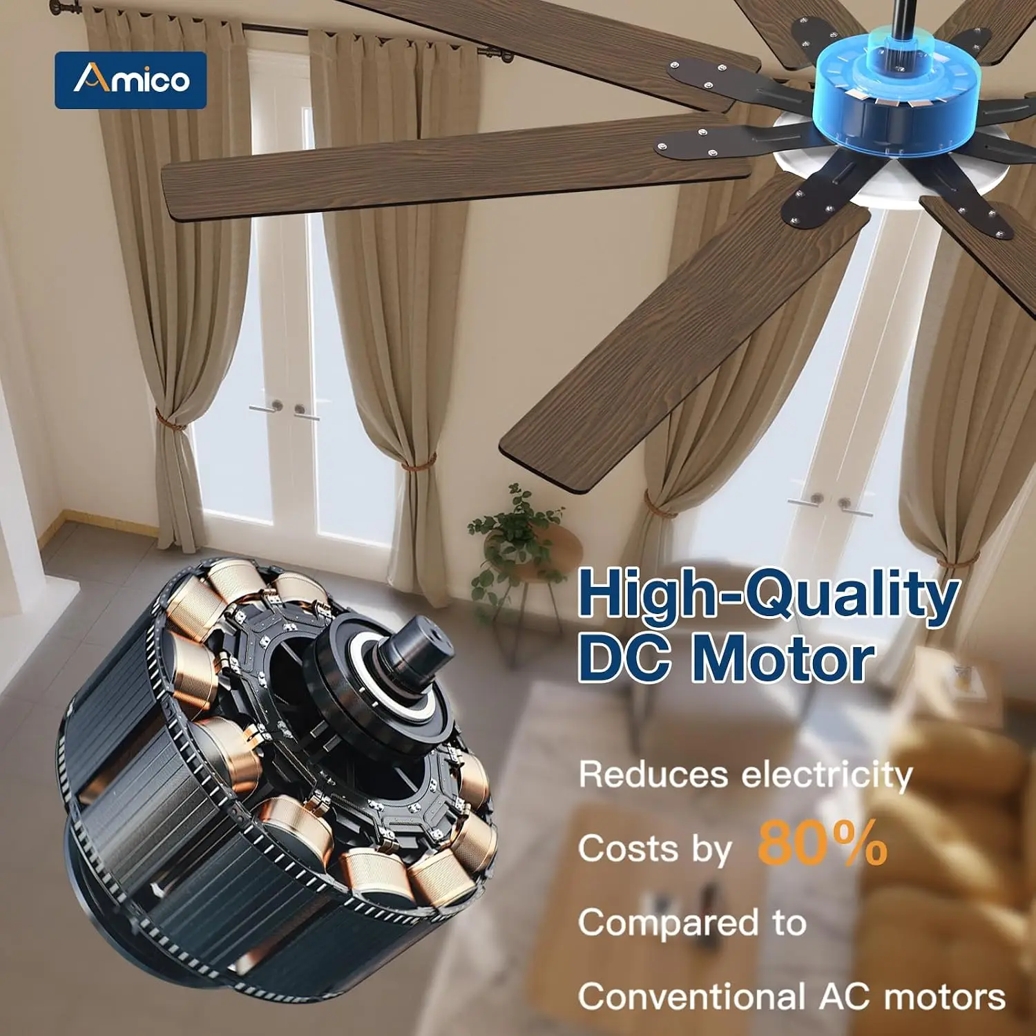 72" Large Ceiling Fan with Lights & Remote, Dimmable 3CCT, Quiet DC Motor, Reversible, Indoor/Outdoor Use for Living Room, Bedroom, Kitchen, Patio view 6