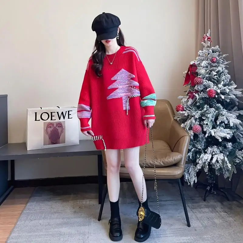 

Hot New Autumn Winter Women Fashion Versatile Christmas Red Knitted Base Sweater Stylish Lazy Style Medium Length Knittedsweater