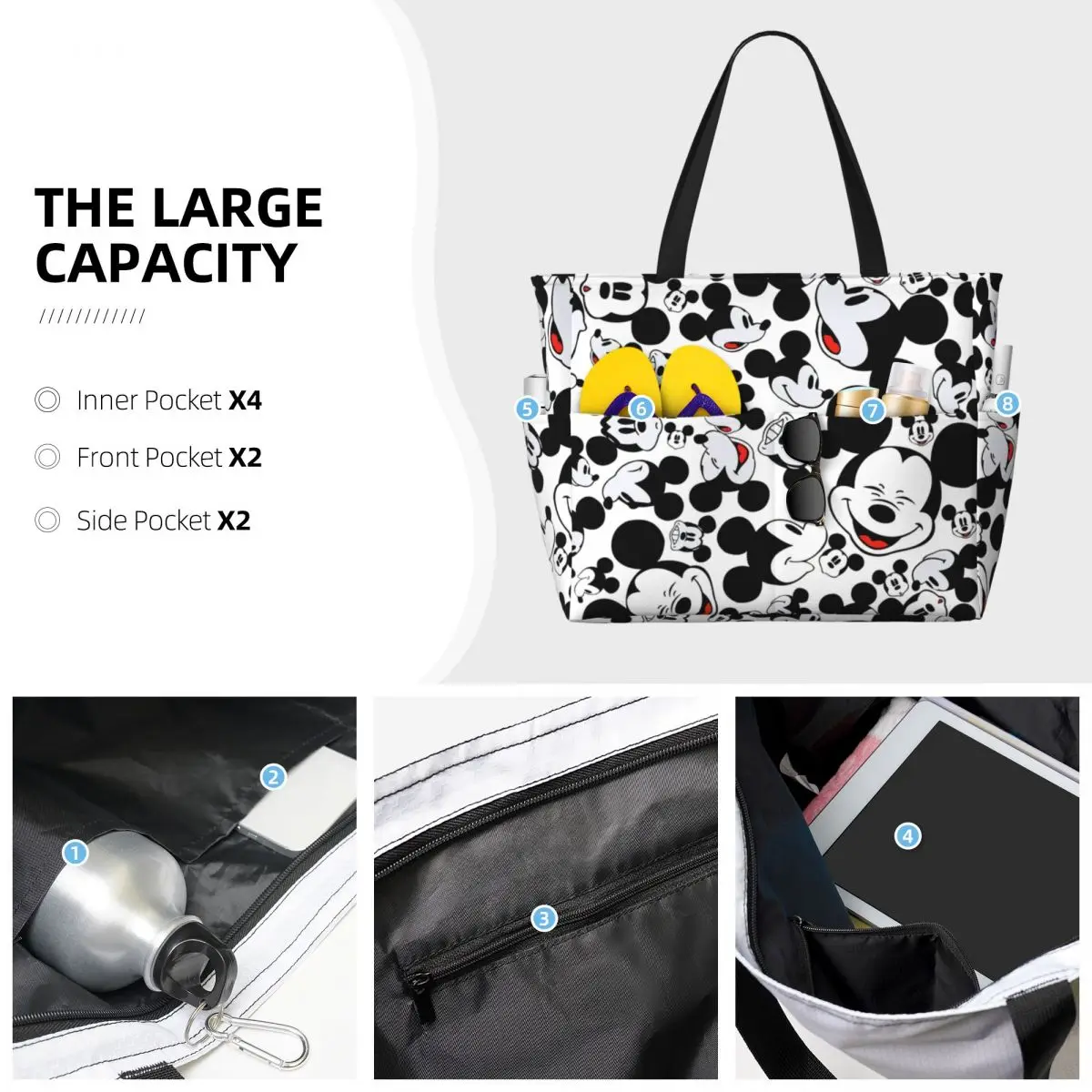 Custom Mickey Mouse Faces Beach Tote Bag Women Extra Large Gym Carry On Cartoon Travel Shopping Bags