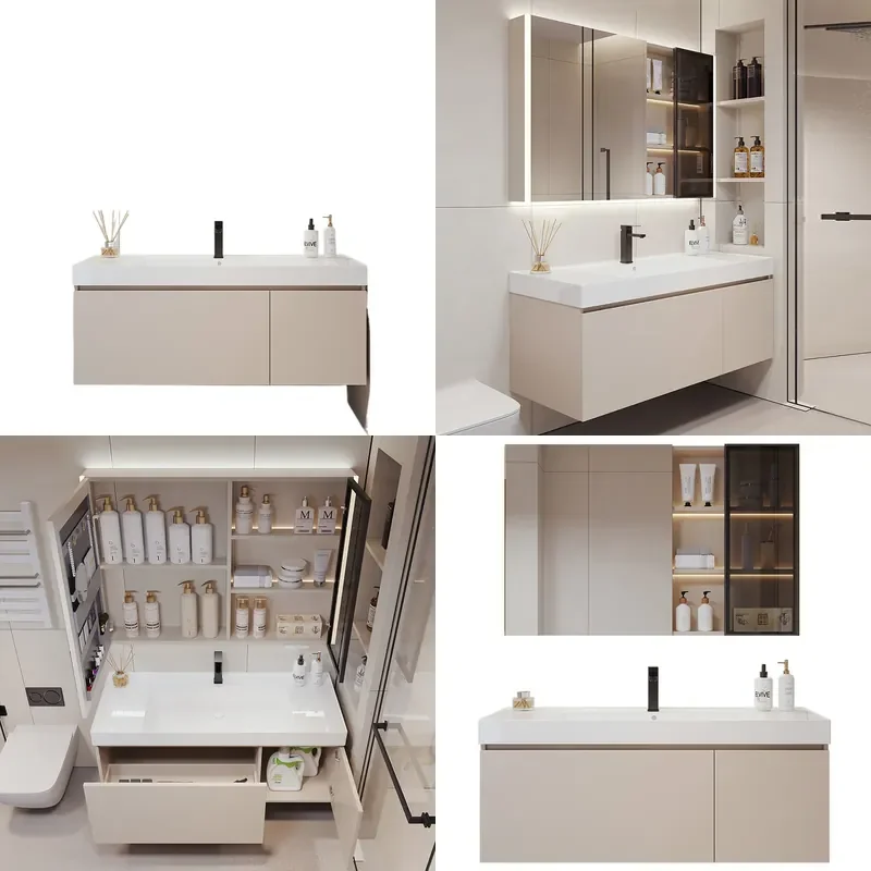 Cream Wall Mounted Bathroom Vanity with Integrated Ceramic Sink Undermount Basin Storage Cabinet Combo for Modern Washroom