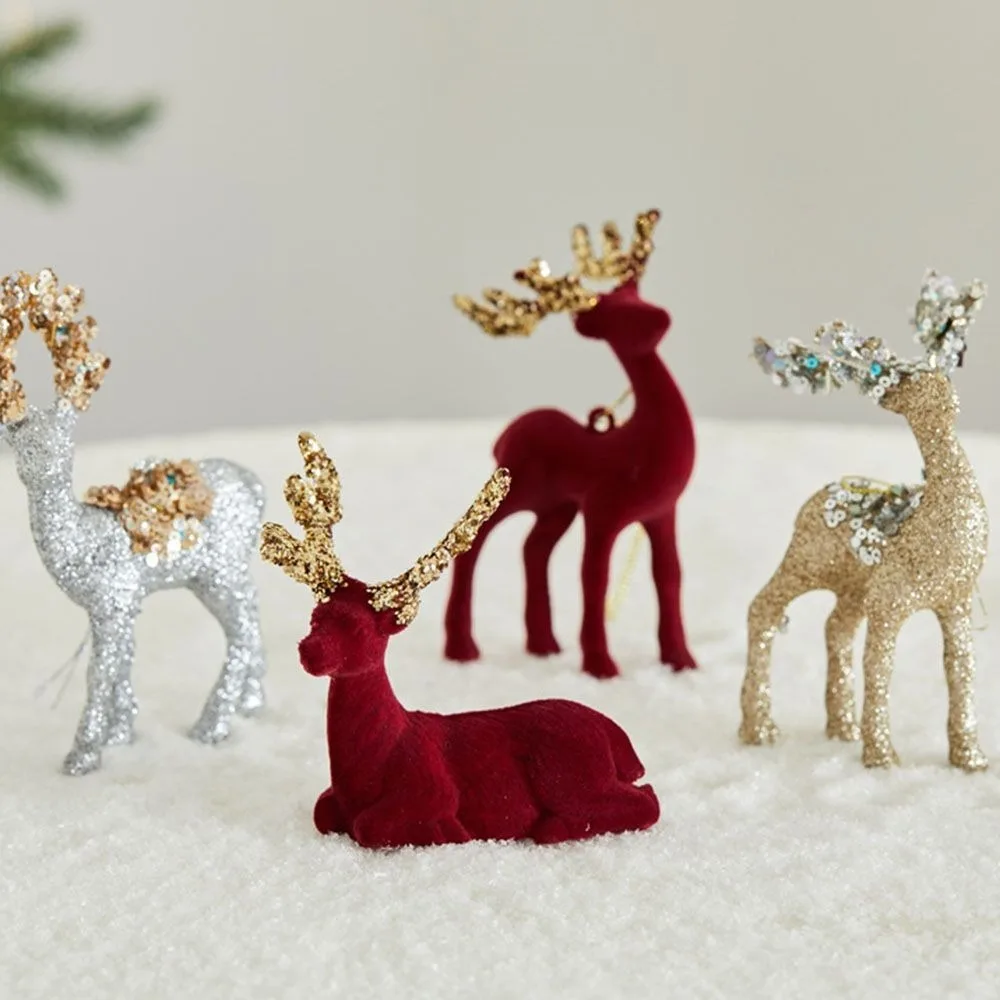Elegant Standing Velvet Christmas Reindeer Simulation Red Plush Sequins Christmas Red Deer Figurines Glittering cute
