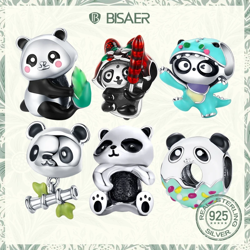 BISAER Cute Panda Charm 925 Sterling Silver Fun Bamboo Pandas Charms Bead Pendant For Women DIY Bracelets Original Fine Jewelry