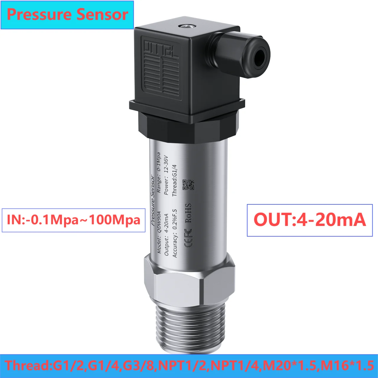 

4-20mA Pressure Transmitter -0.1Mpa 0.5Mpa Pressure Transducer G1/4' M20*1.5 NPT1/4' G1/2 Pressure Sensor DC24V 12V Water Gas