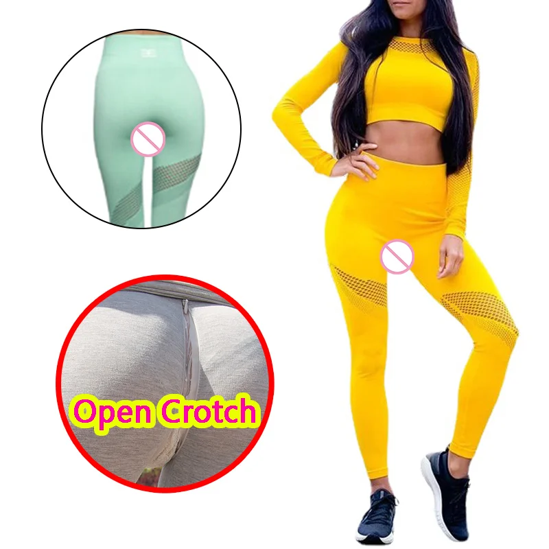 Hollow Out Open Crotch Gym Leggings Sets Women Fitness Breathable Tank Tops and Hot Pants Suits Mesh Net Crotchless Sport Cloth