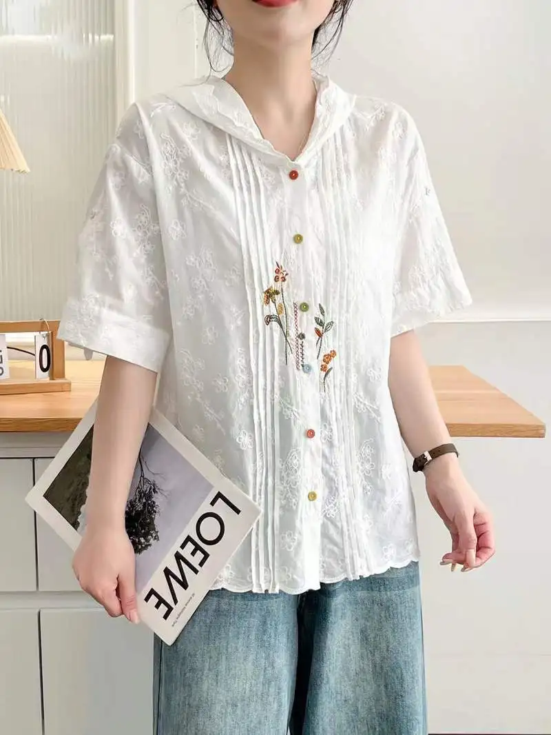 ใหม่2025ฤดูร้อนผ้าฝ้ายแขนสั้นHoodedเสื้อผู้หญิงเย็บปักถักร้อย,Moriสาวลดอายุสบายๆหวานเสื้อหลวมT55047CC