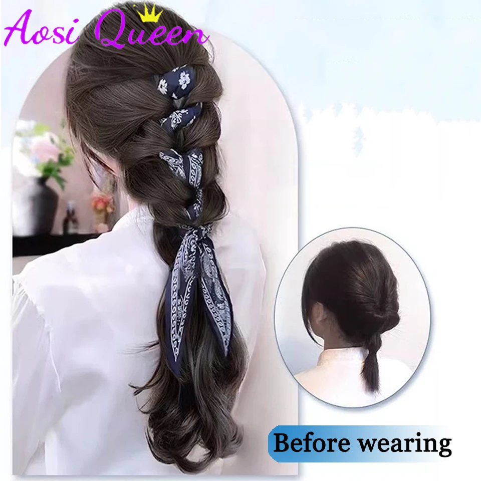 AosiQueen 16 Inch Long Straight Synthetic Vintage Cashew Floral Headband Braided Twist Claw Clip Ponytail Wig