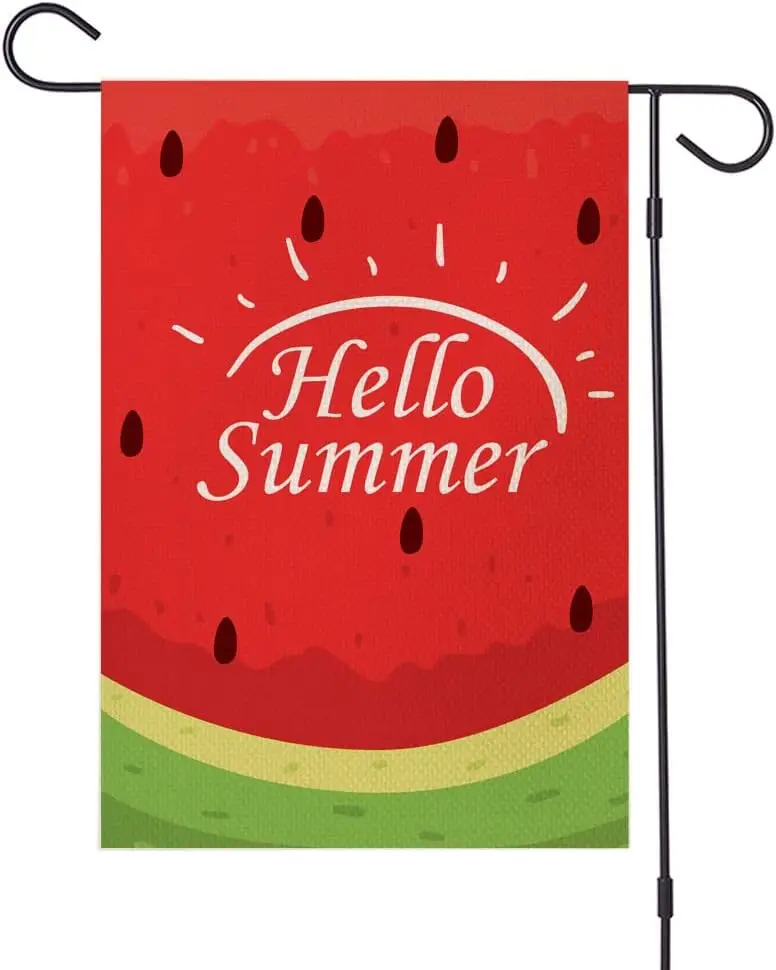 Hello Summer Watermelon Garden Flag Thick Burlap 12.5 x 18in Double Sided Fruit Small Yard Flags,Summer Decorations for Outdoor,