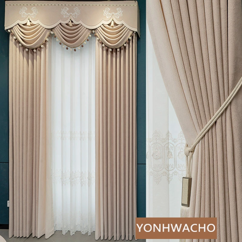 

Custom Modern simple bedroom thick patchwork chenille jacquard dirty pink cloth blackout curtain tulle valance drape C1617