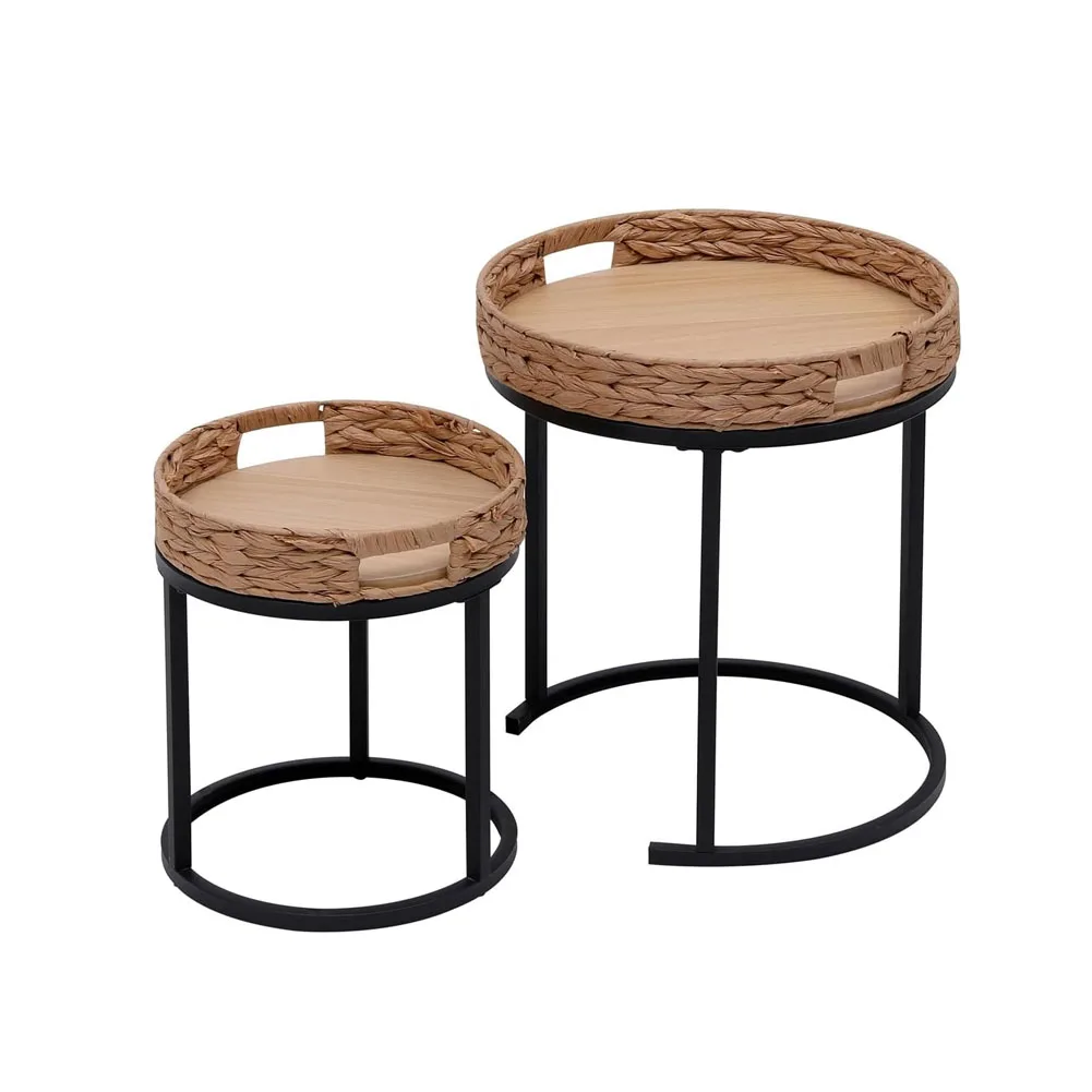Natural Japandi nesting table setup next to living room sofa