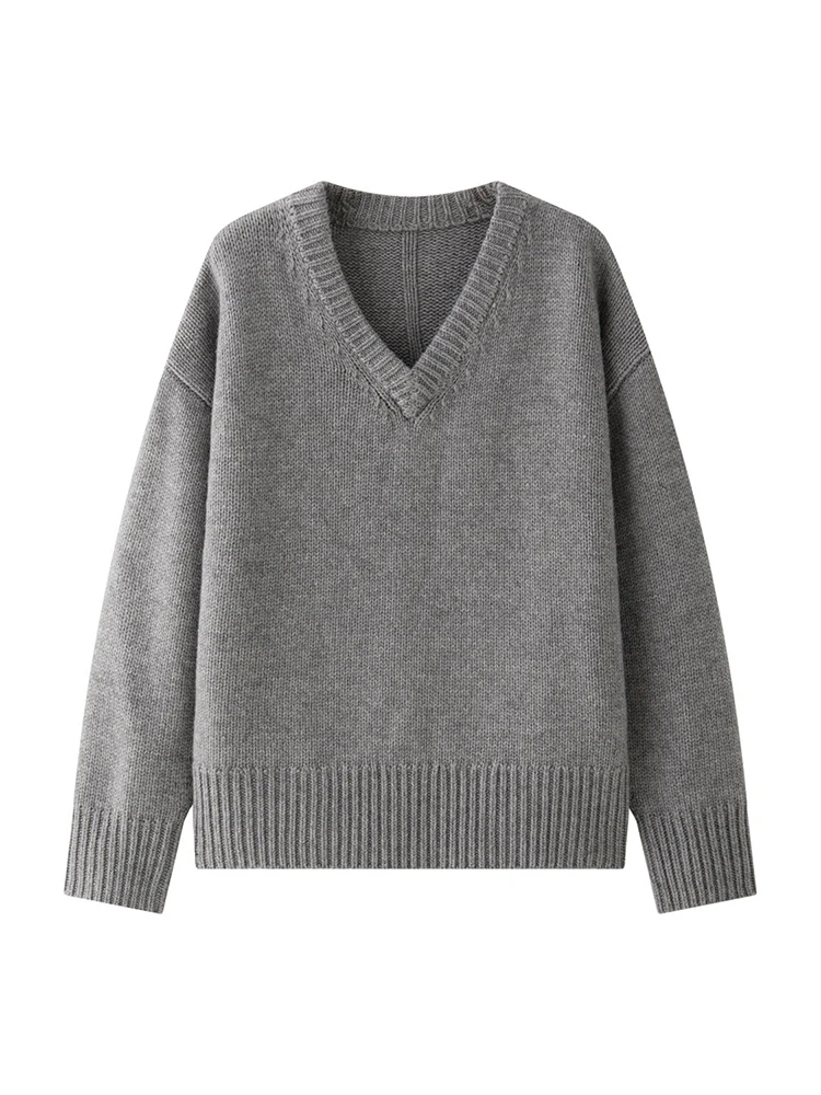 [LANMREM] Office Lady Knitting Pullover Sweater For Women V Neck Long Sleeve Casual Loose Tops Warm 2024 Winter New 26C568