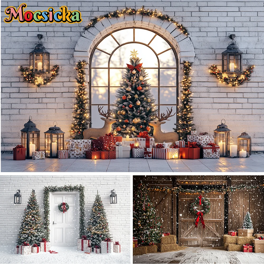 

Xmas Photography Background Christmas Tree Decoration Prop Wreath White Brick Wall Backdrop Fireplace Child Party Photo Studio