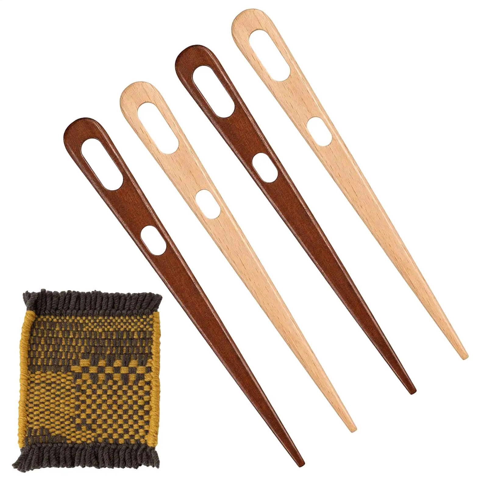4 Pieces Darning Needle Wooden Two-Eyed Tapestry Making Hook Nalbinding Knitting Needle for Darning Weaving Knitting Crocheting