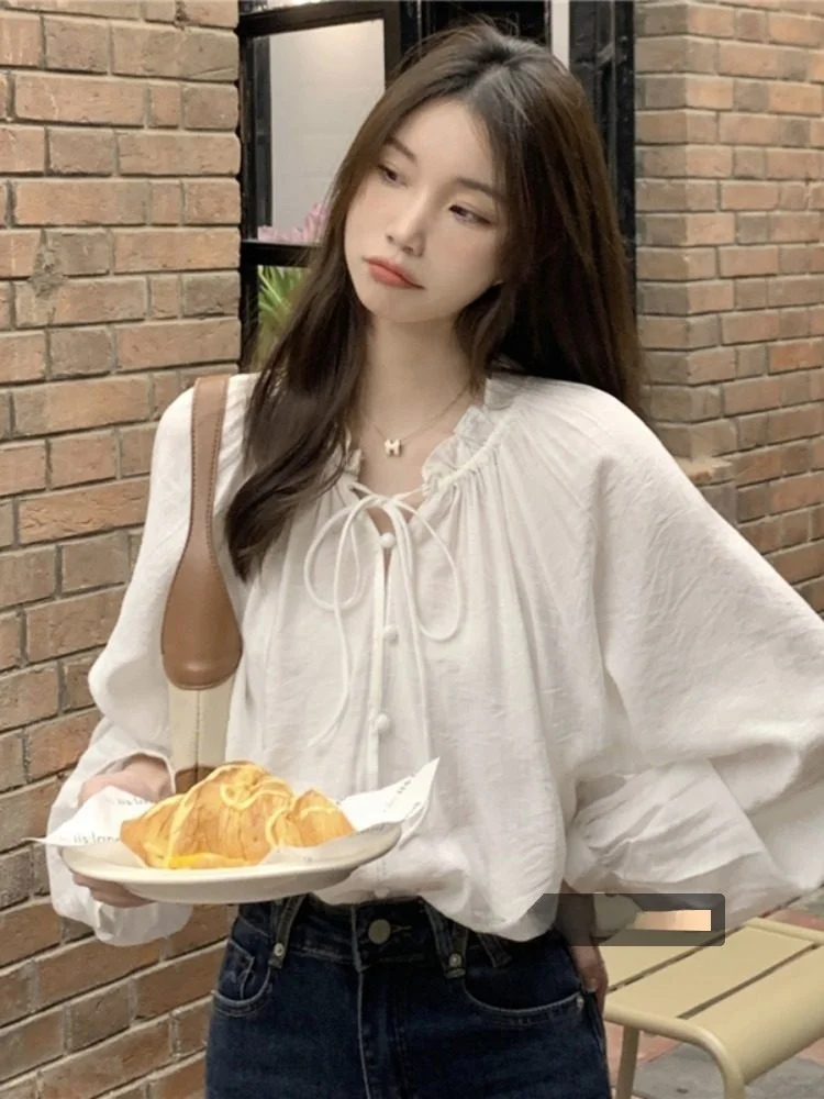 

Women's Spring Thin Long Sve Chiffon irt Belted Lantern Sve Design Slimming Top French Sle Loose Fit Anti-Wrinkle