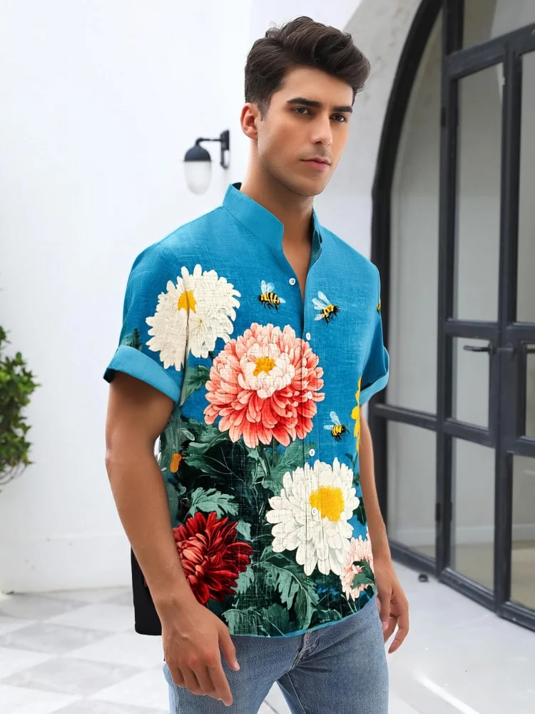 

Summer 2025 Floral Printed Shirts Casual Loose Stand Collar Short Sleeve Chic Tunics Men's Vintage Single Breast Harajuku Tops
