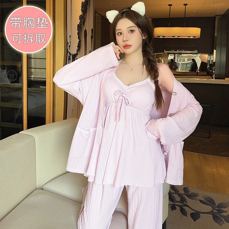 2024 Spring Plus Size 3PCS Sexy Lace Lingerie Spaghetti Strap Cotton Pajama Sets For Women Cute Sleepwear Homewear Home Clothes