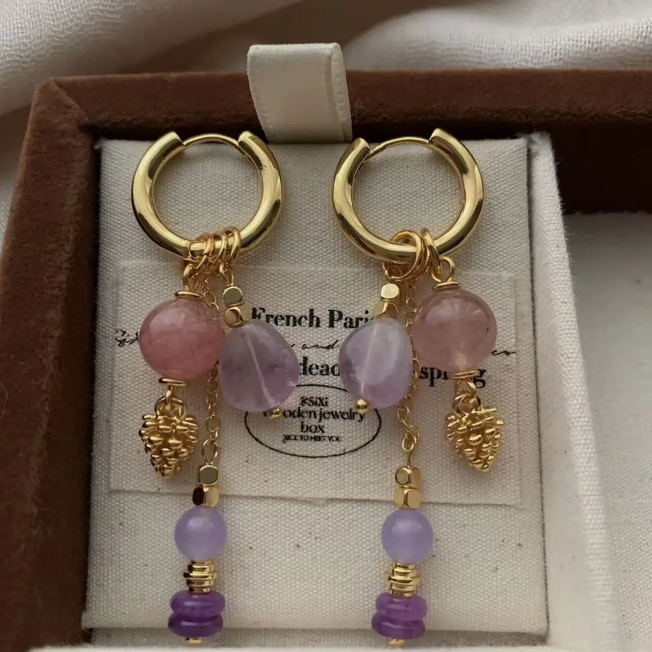 

New Arrival Gold Plated Hoop Earrings for Women Metal Irregular Texture Natural Stone Charms Long Chain Trendy Jewelry