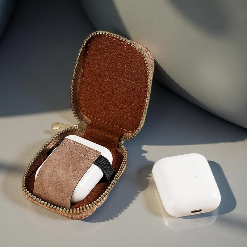 1Pc Stitch Pattern PU Artificial Leather Wireless Earphone Protective Case with Mesh Pocket & Keychain for Wireless Headphone