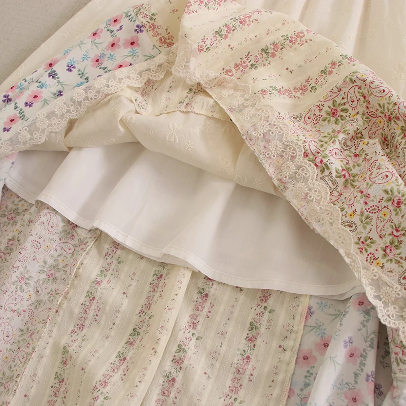 Japan Style Sweet Mori Girl Lace Floral Print Embroidery Patchwork Skirt Women Spring Summer Elastic Waist Casual A-Line Skirts