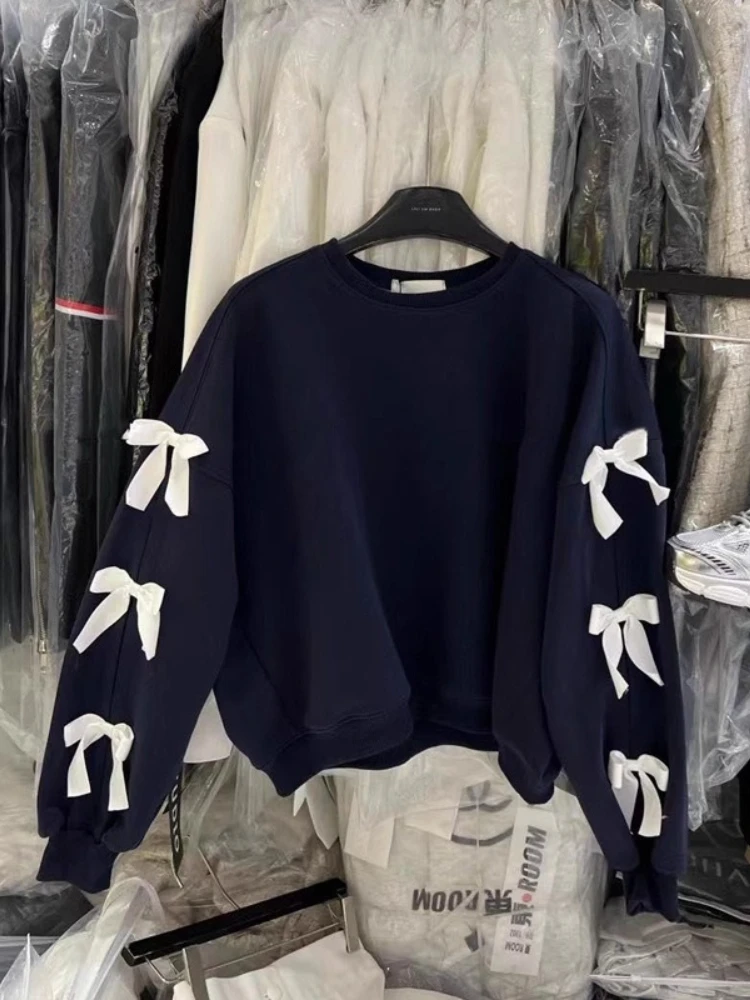 2025年韓国風レディースフーディー、オーバーサイズボウノットスウェットシャツ、キュートカジュアルプルオーバートップス、女性用秋Y2Kストリートウェア