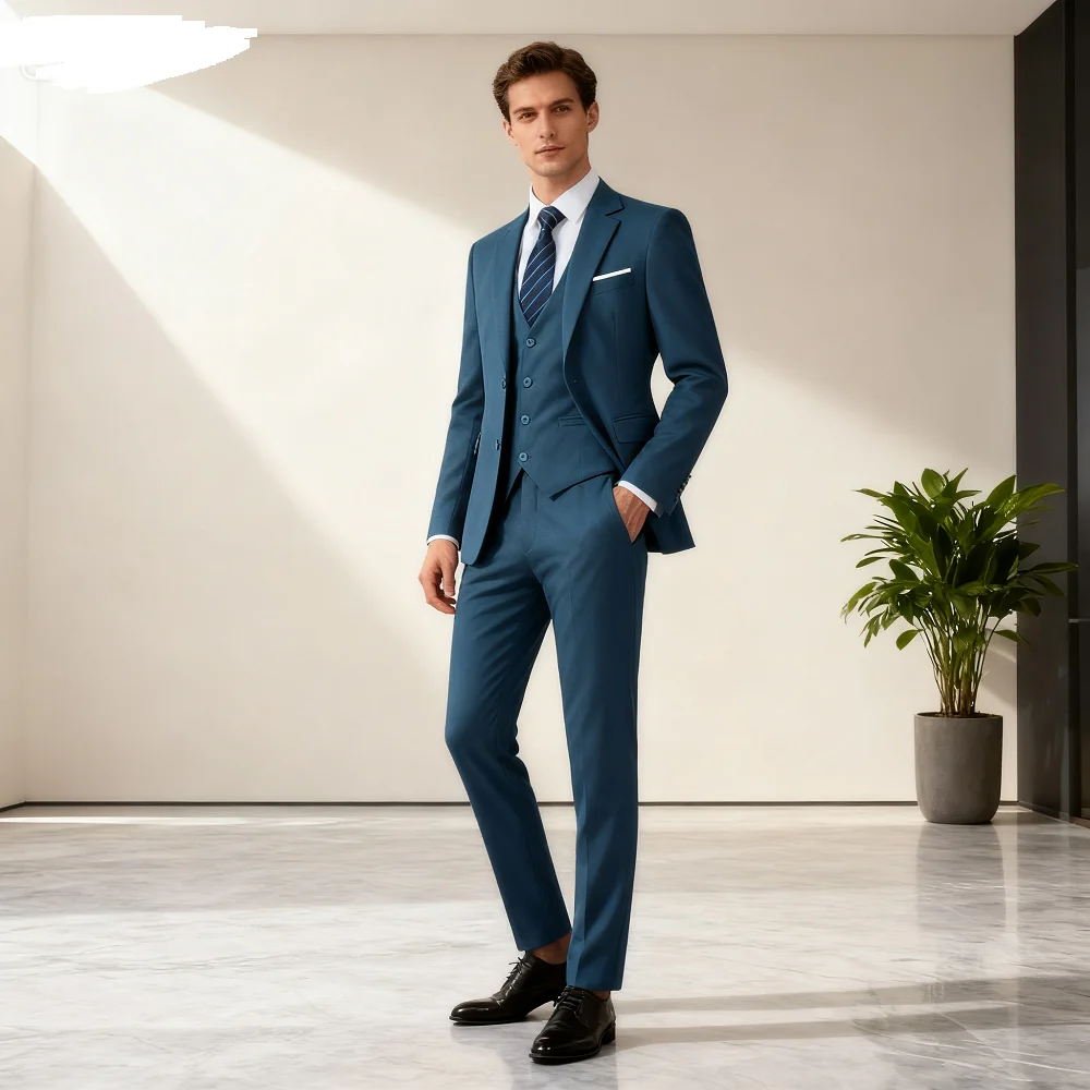

Elegant Solid Single-Button Slim Fit 3-Piece Men's Terno Blazer Vest Pants Ensemble for Formal Occasions