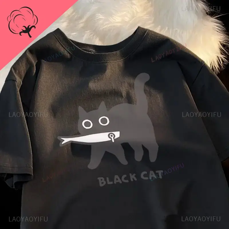 Fashion women Kawaii Katone Black cat print T-shirt summer crewneck loose top street casual women\'s cotton clothing