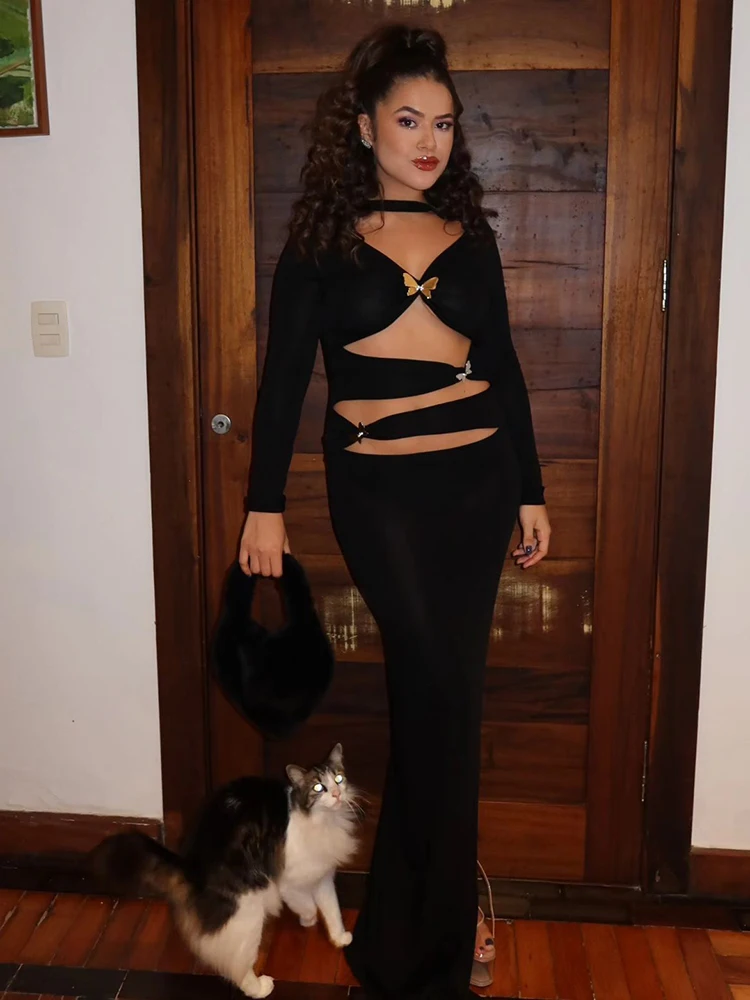 فستان مثير للنساء فساتين مفرغة 2025 تصميم أزياء الربيع دبابيس فراشة جميلة فساتين طويلة سوداء سبليت