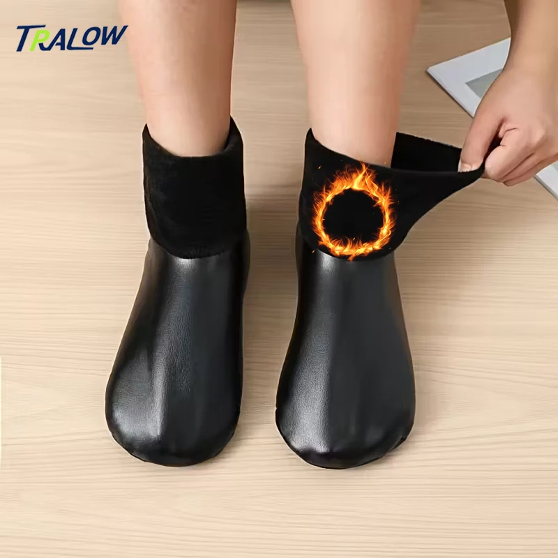 

TRALOW 2/3 Pairs PU Synthetic Leather Slippers Socks Winter Warmth Anti Slip Warm Lining Indoor and Outdoor Home Use Center Tube