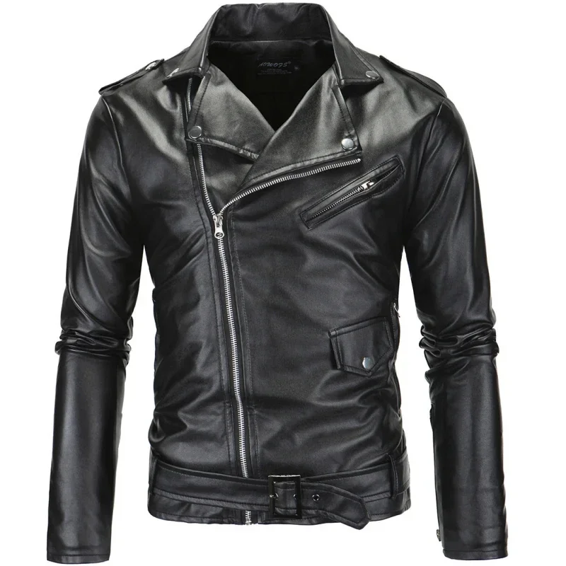 New White Black Casual Lapel Slim Fit Diagonal Zipper Motorcycle PU Leather Jacket Coat Mens Clothing