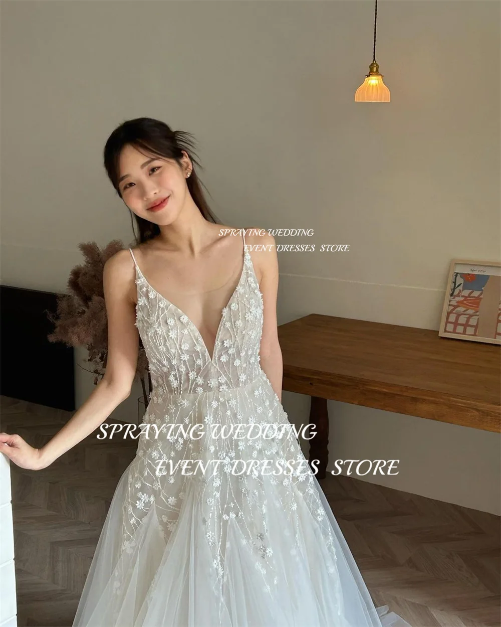 Spruzzatura principessa Spaghetti Strap corea abiti da sposa scollo a v pizzo lungo Boho abito da sposa corsetto Backless a-line abito da sposa