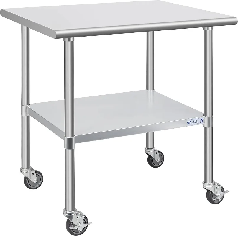 Stainless Steel Table for Prep & Work with Caster Wheels,  Commercial Heavy Duty Table with Undershelf and Galvanized Legs