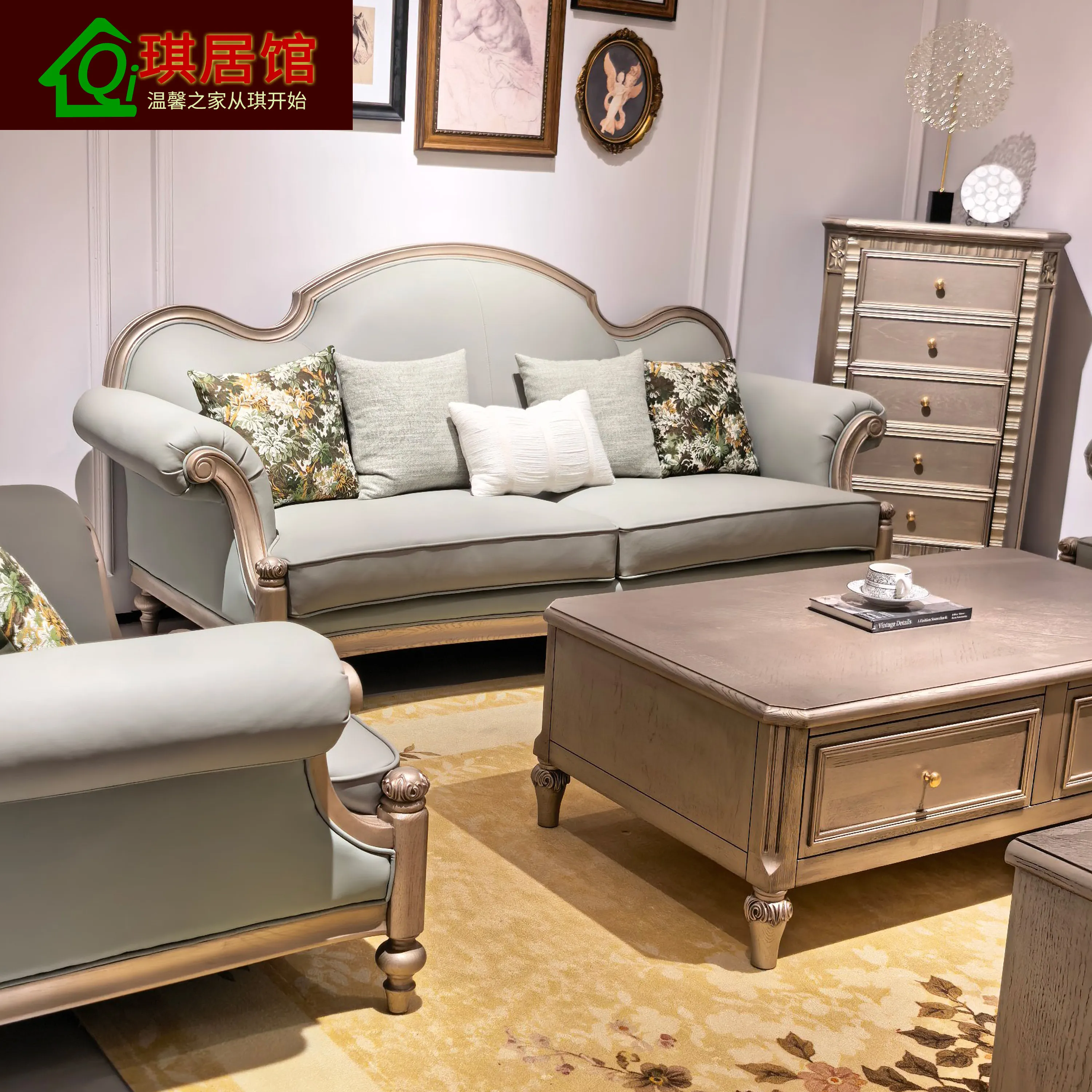 Sofa Light French Style Living Room Furniture 123 Set Light Luxury First-Layer Cowhide Sofa