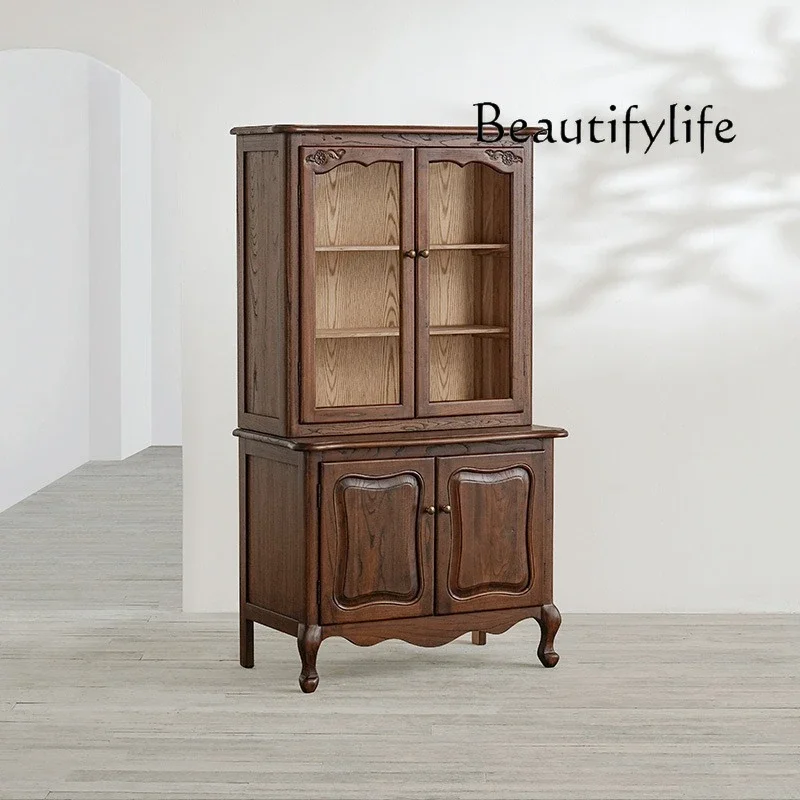 

R American Solid Wood Brown Upper And Lower Sections Household Display Cabinet French Retro Double-layer Bookcase Storage Cabine