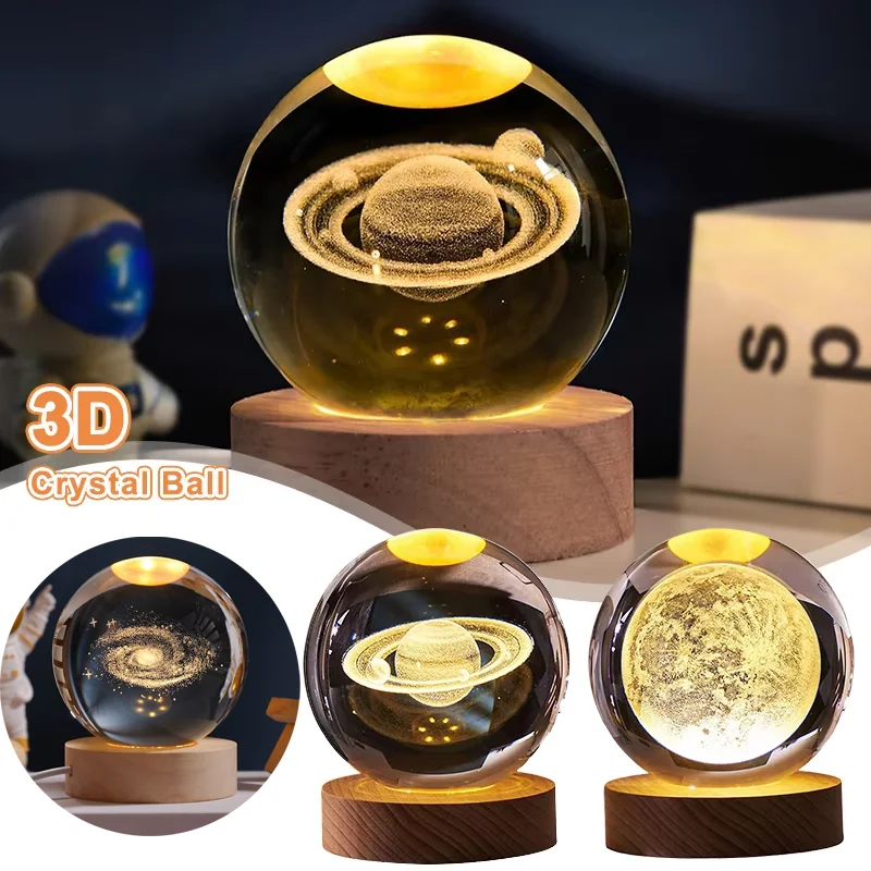 USB Night Light LED Crystal Ball Table Lamp 3D Moon Planet Galaxy Decor for Home Table Lamp Party Toys for Kids Adult Xmas Gifts