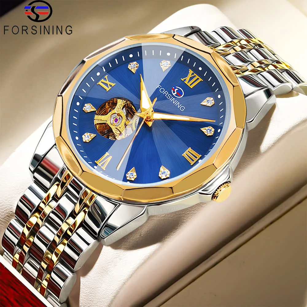 Forsining Hollow Business Men's Automatic Mechanical Skeleton Watch Diamond Polygonal Case Luminous Hands Wristwatches Man Gifts