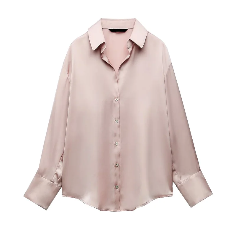 Spring New Loose Long Sve Single Button Silk Satin Drape irt Women's Commute Sle  Collar Polyester Fiber 874236