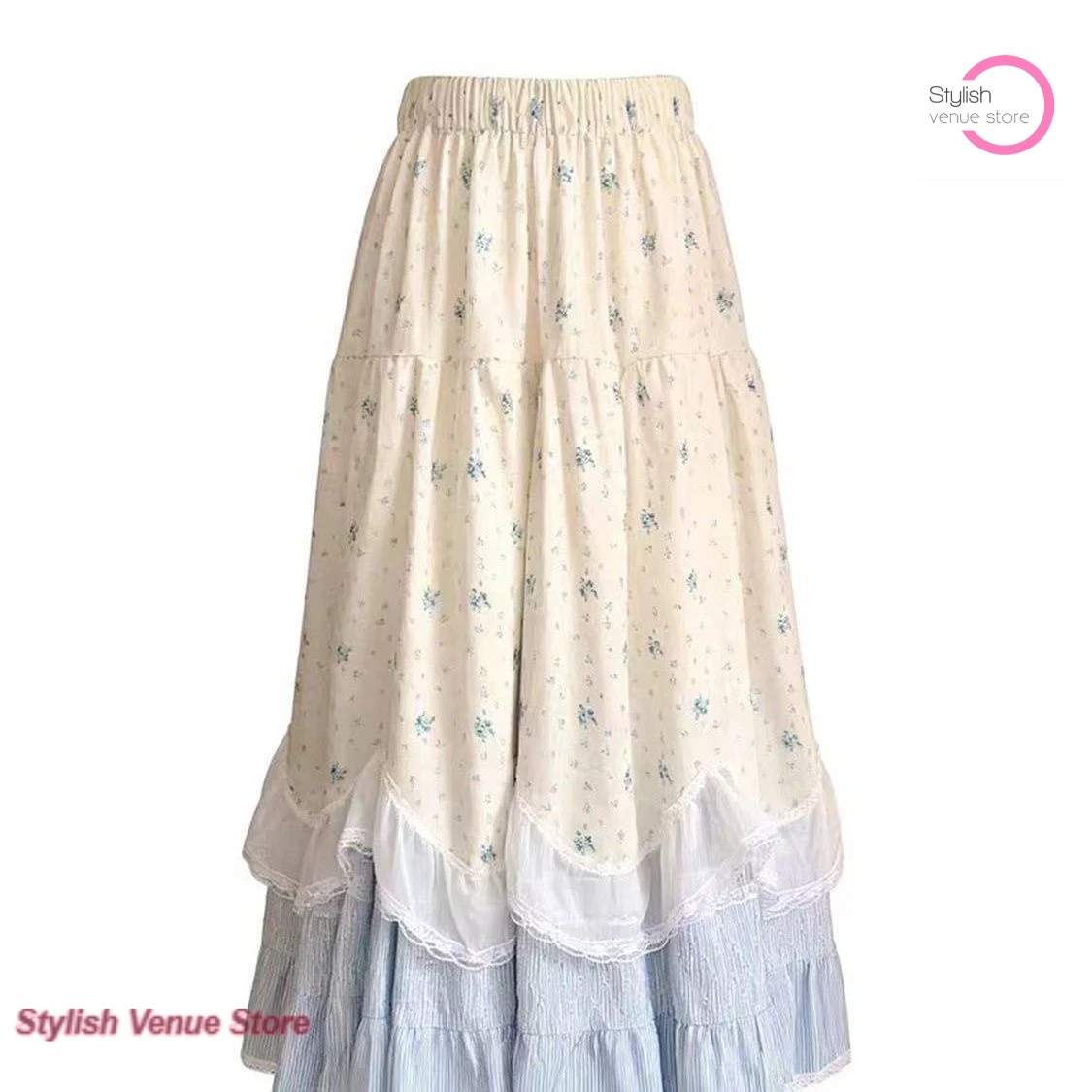 French Sweet Ins Wind Lace Stitching Floral Elastic Waist Skirt Women's Spring and Autumn New Fashion Flounced A Casual Dress.