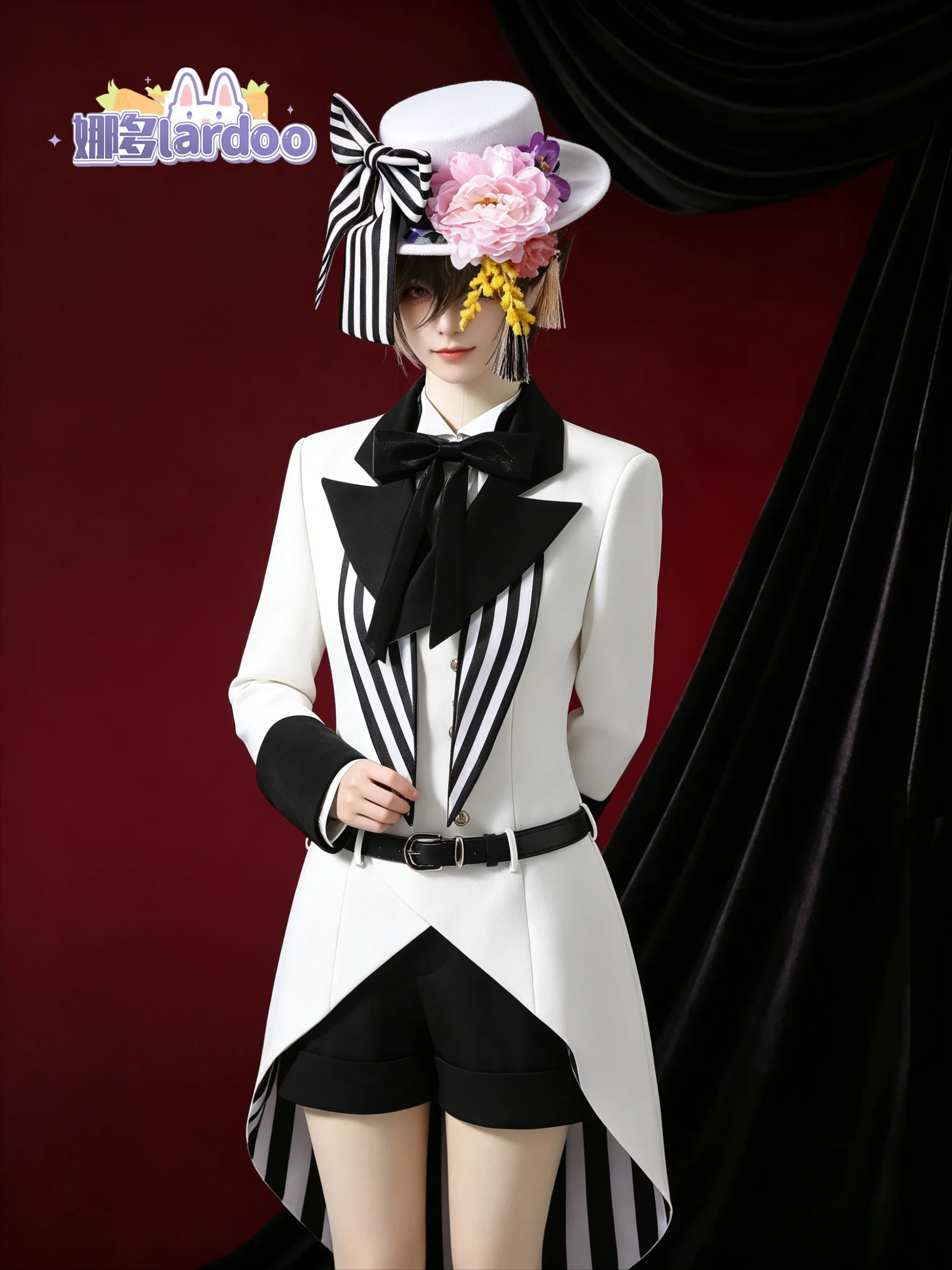 Black Butler Ciel Phantomhive Cosplay Set, White Floral Hat & Striped Formal Suit, Women Cosplay Outfit