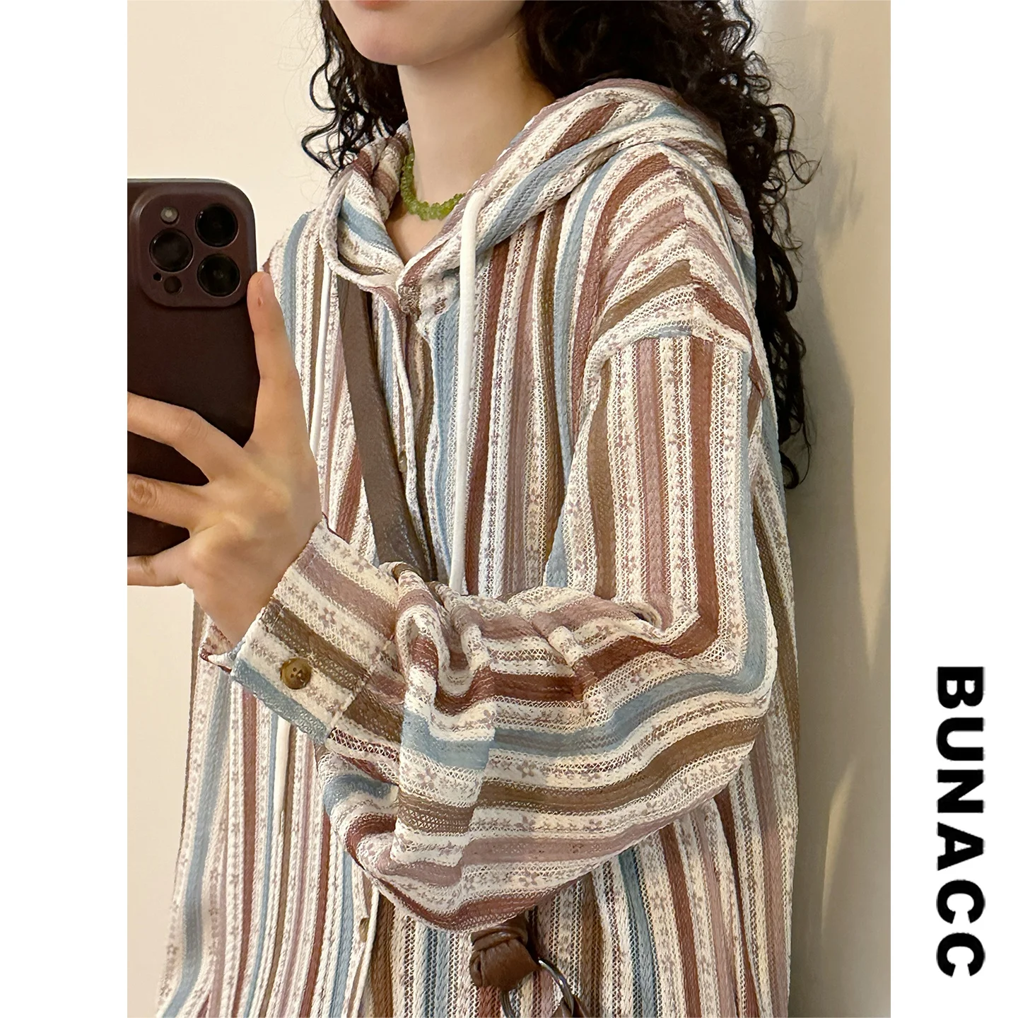 

Ретро-кардиган в полоску с капюшоном, свободный крой, длинный рукав, для женщин, весенний модный топ BUNACC2026