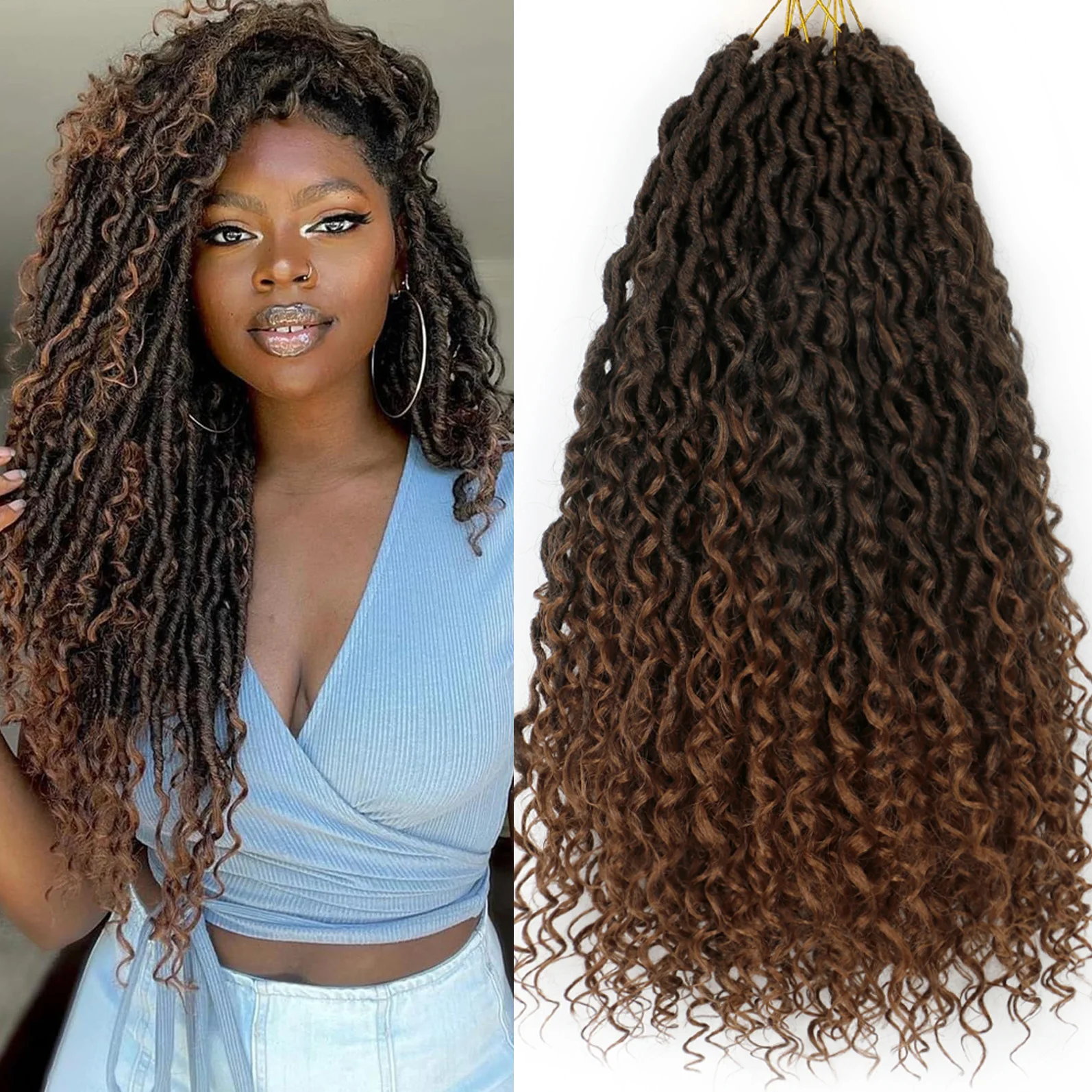 

8 упаковок вязанных крючком волос Goddess Faux Locs для чернокожих женщин. Длинные вязанные крючком волосы Goddess Locs, волосы Boho Style Locs River с вьющимися концами.