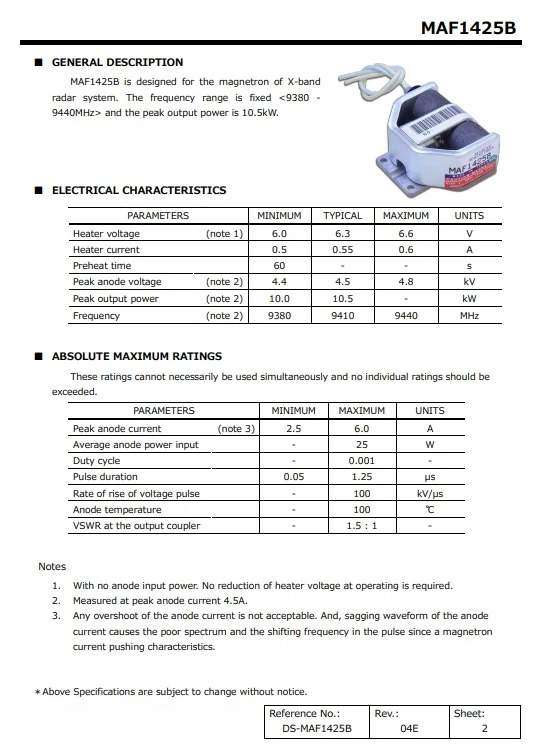 MAF1425B 10.5kW X-Band Marine Radar Magnetron – New Original High-Power Pulse Magnetron for JRC/Furuno/Simrad Radar Systems