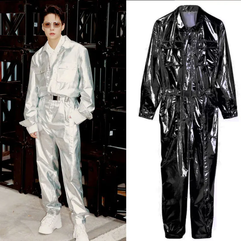 

Bright Silver Metal Tech Streetwear Jumpsuit ow Performance Suit Hip Hop Jazz Dance Outfit Street Dance T Performance Cl...