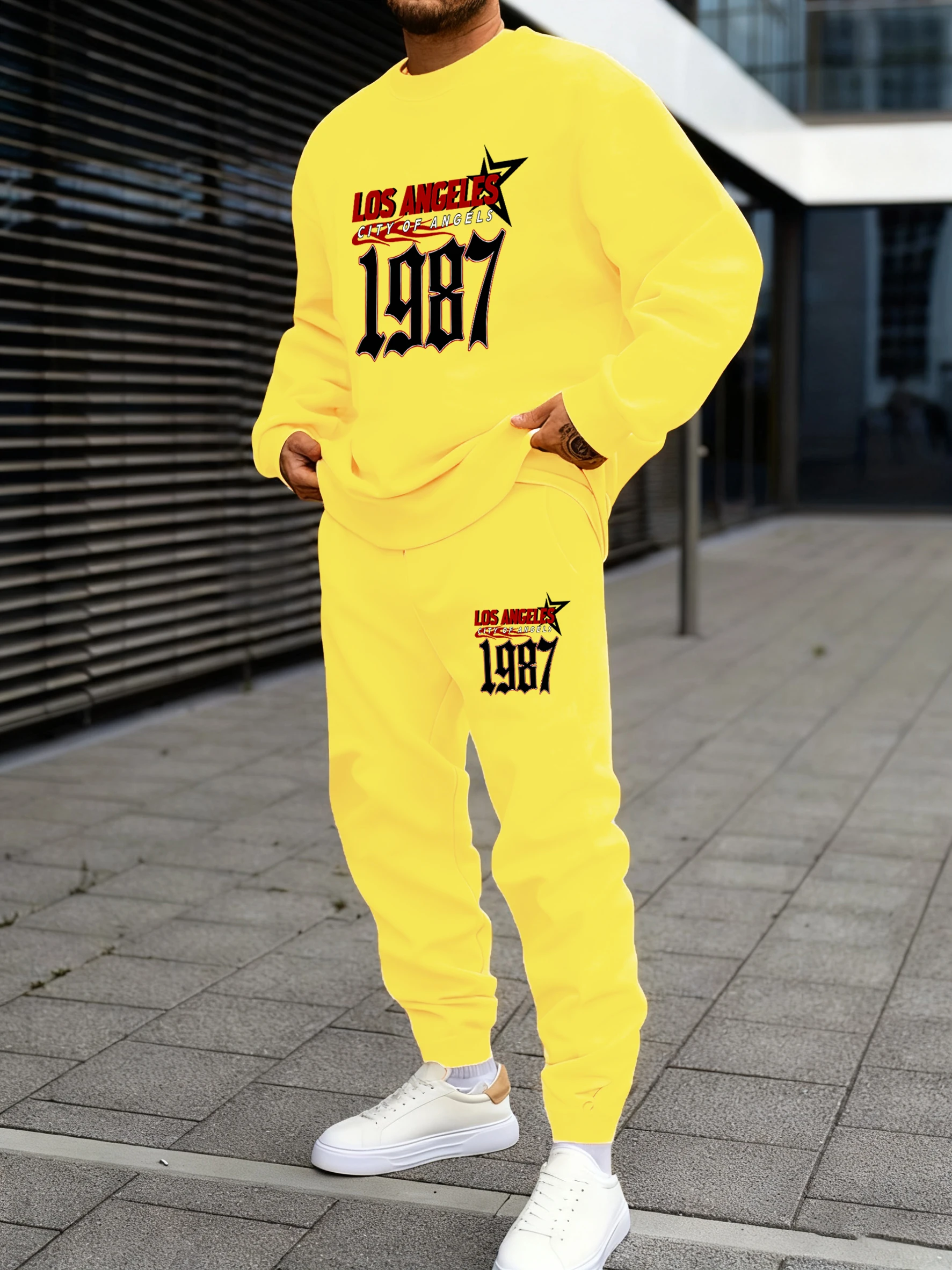 

City Of Angels 1987 Pattern Sweatshirt Set Man Casual Fleece Pullover Suit Vintage O-Neck Men Clothes Autumn 12 Color Sweatpants