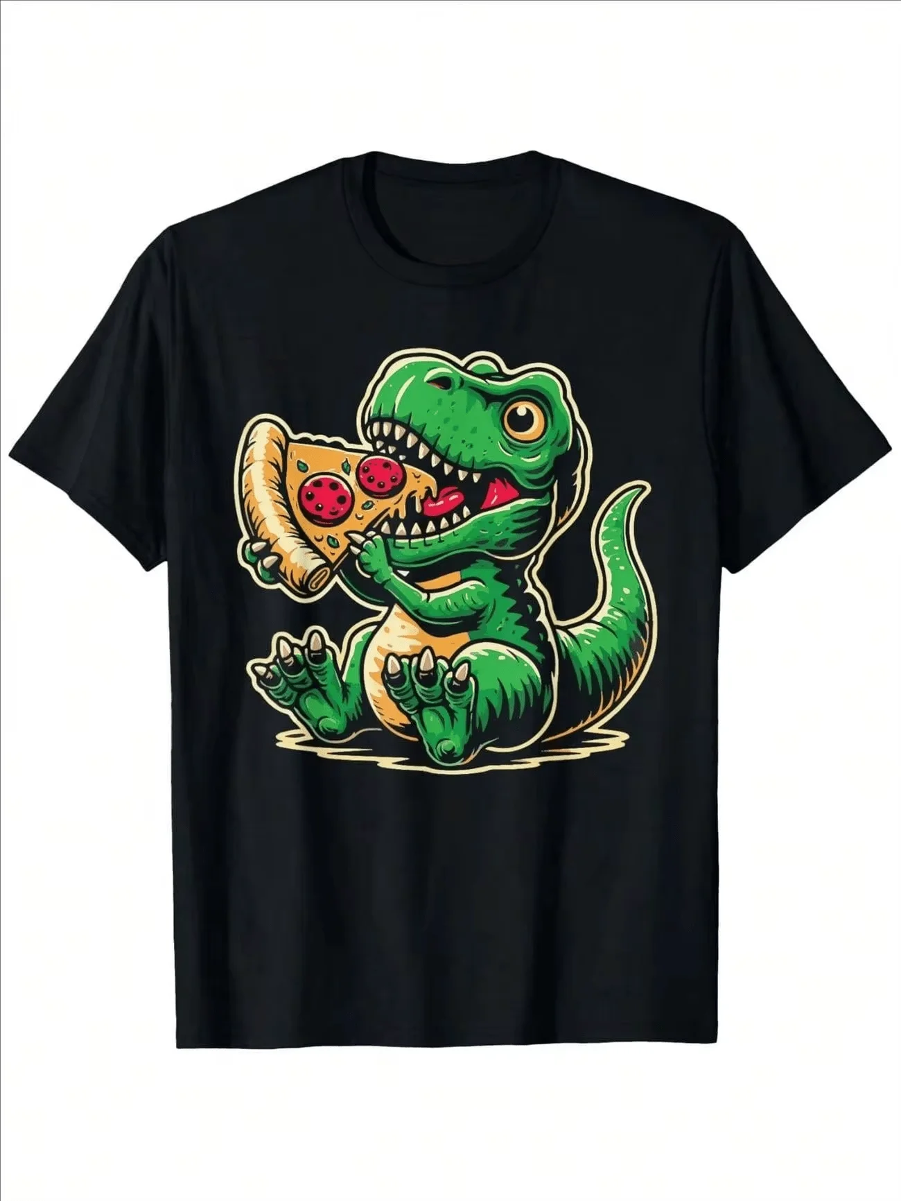 Cute Cartoon Style, For Both Boys And Girls Family Matching Shirts, Green T Rex Eating Pizza Design, Summer Casual Wear, Gift Fo