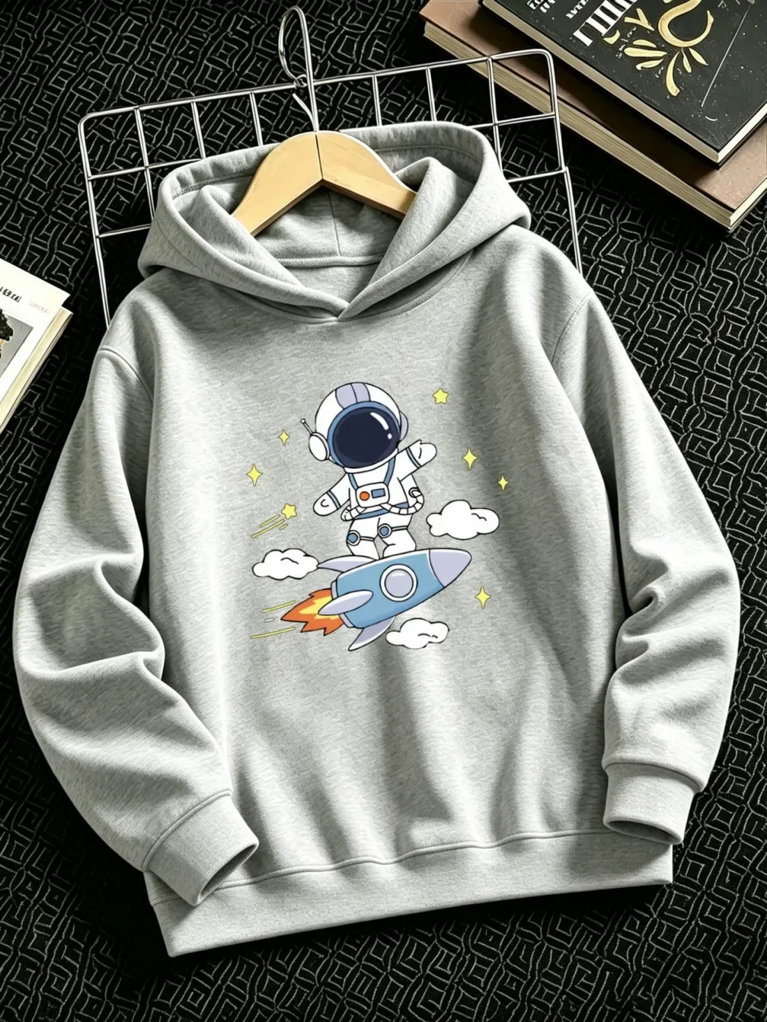 Kids Hoodie Autumn Winter Thick Fleece Astronaut Rocket Space Print Warm Galaxy Pullover Sweatshirt Casual Streetwear