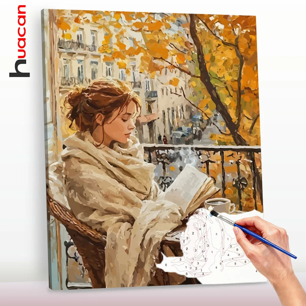 Huacan Oil Painting By Numbers Paint Autumn Balcony Young Woman Reading Book Coloring By Numbers Picture Art Handmade Gift