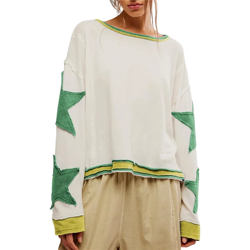 

ABRT-Women Oversized Cotton Long Sleeve Shirts Tops Star Crewneck Pullover Y2K Fall Winter Grunge Clothes