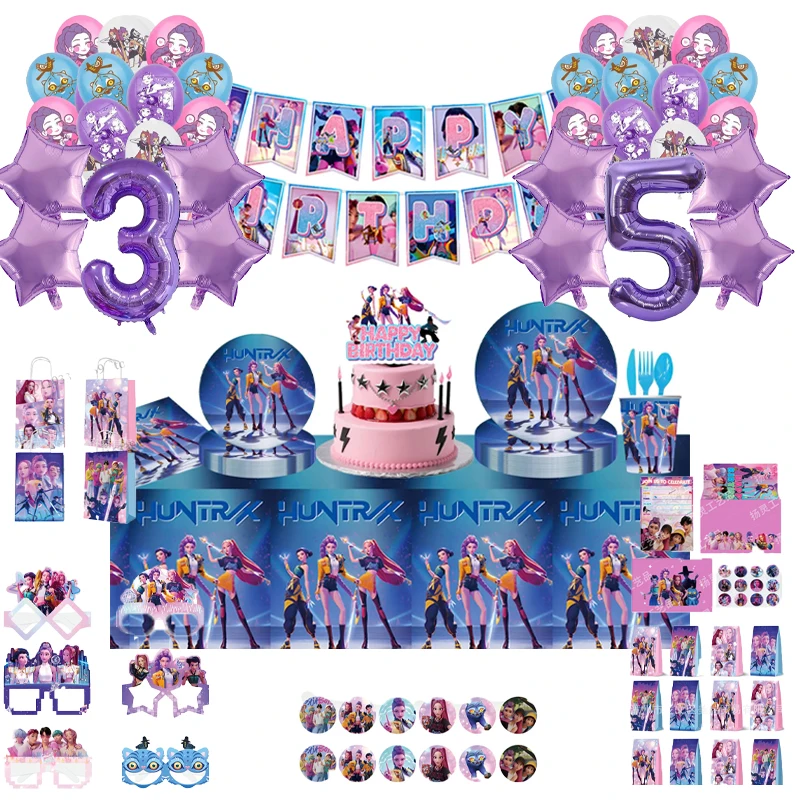 

2025 New Kpop Demon Hunters Theme Children Birthday Party Decoration Tableware Paper Plates Paper Cup Flag Raising Party Supplie