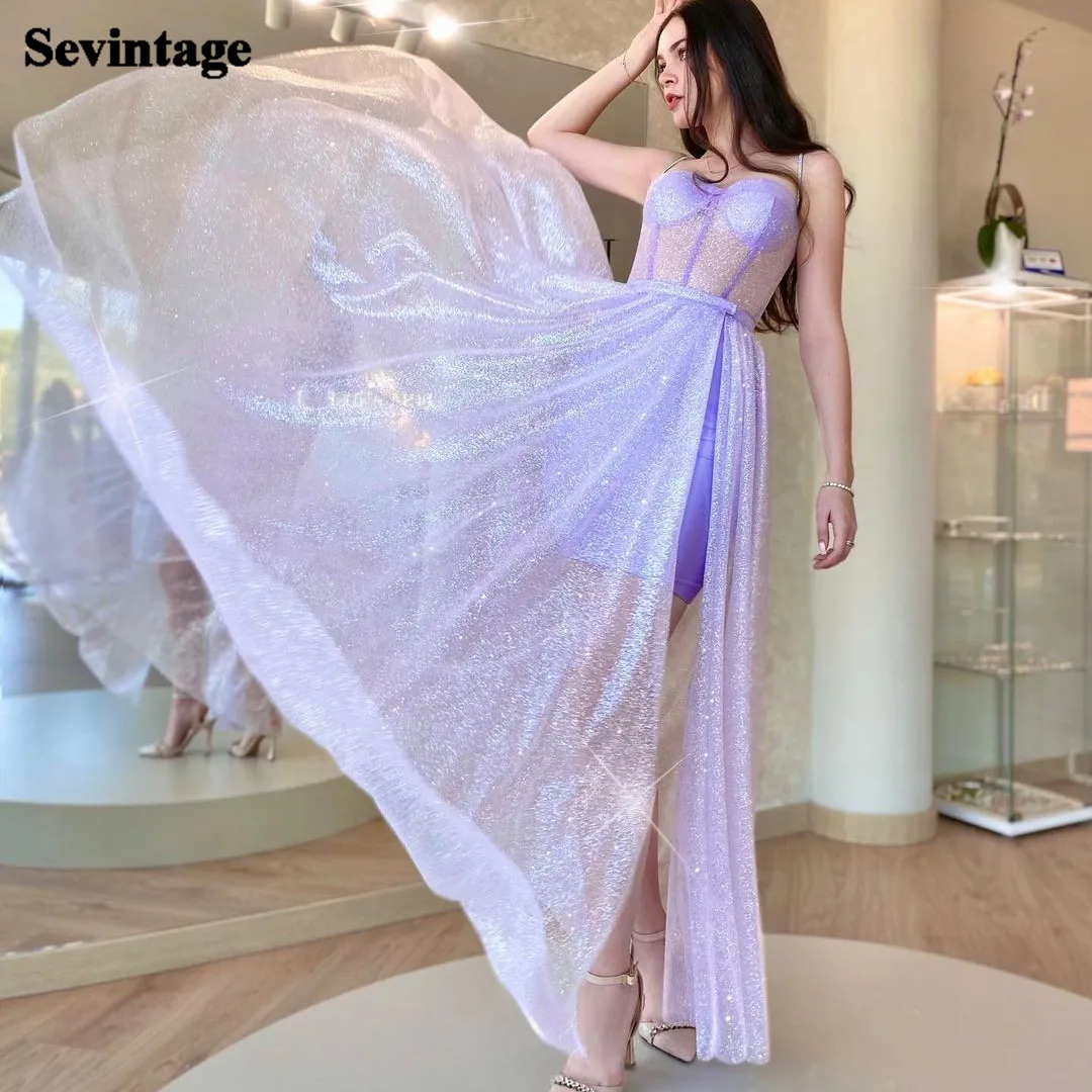 

Sevintage 2 Pieces Lilac Glitter Tulle Formal Prom Dresses Overskirt Sheer Homecoming Dress Lace Up Women Formal Party Gowns